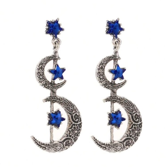 Celestial Blue Rhinestones Crescent Moon & Star Silver tone Long Earrings - Picture 5 of 6